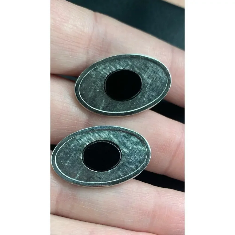 Vintage Pair of Silver Tone Dante Mid-century‎ Cufflinks with Black stone Signed